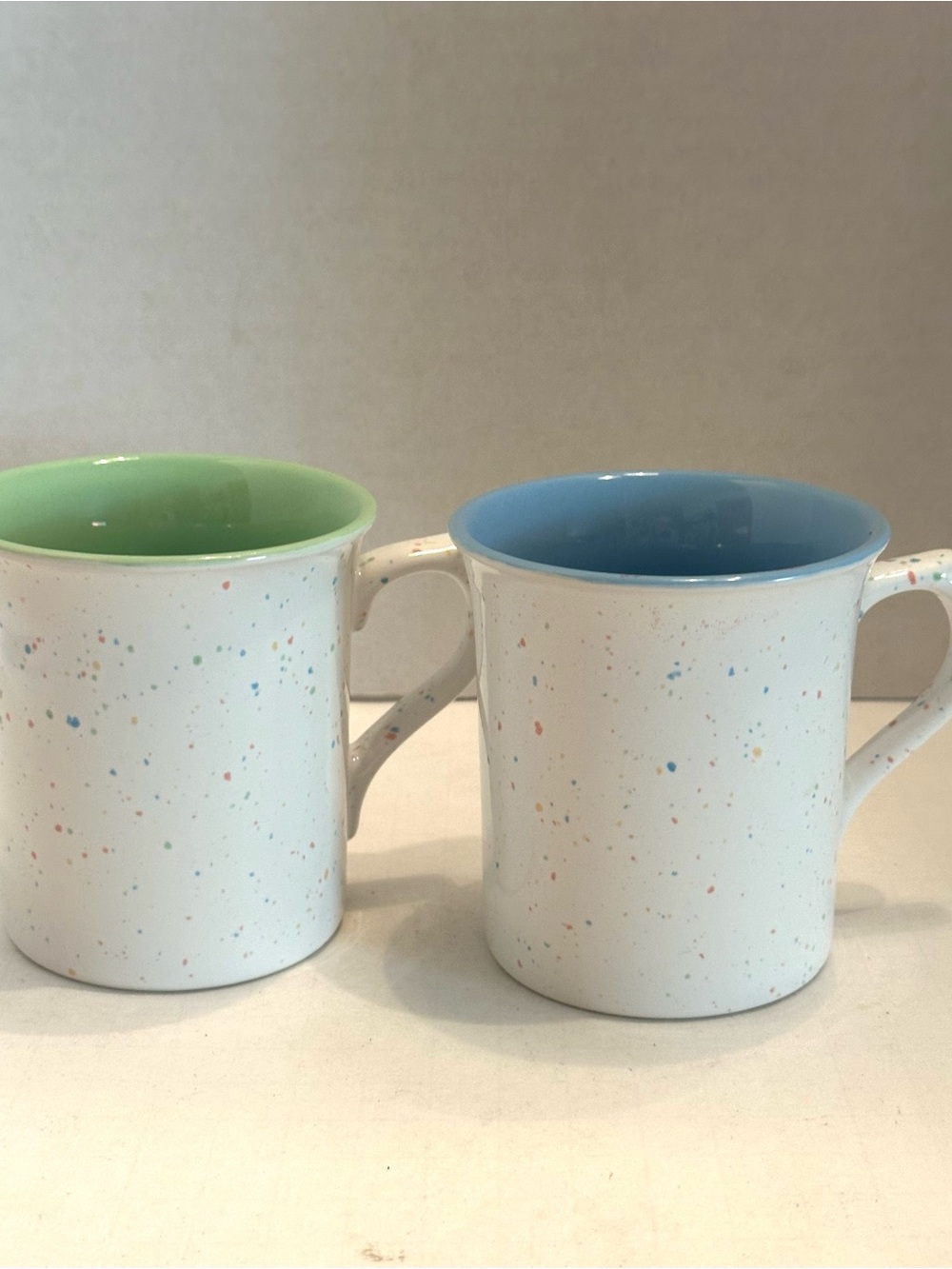 Vintage 80s Russ Speckled Ceramic Mugs with Blue and Green Interiors